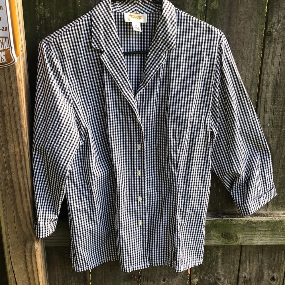 Talbots Black & White 3/4 Sleeve Gingham Blouse